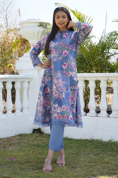 Shop_Monk & Mei By Sonia Anand_Blue Linen Lace, Embroidery Mandarin Collar Azalea Floral Print Kurta Pant Set _Online_at_Aza_Fashions
