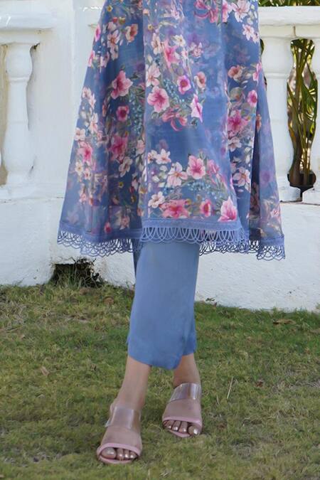 Monk & Mei By Sonia Anand Blue Linen Lace, Embroidery Mandarin Collar Azalea Floral Print Kurta Pant Set at Aza Fashions Monk & Mei By Sonia Anand_Blue Linen Lace, Embroidery Mandarin Collar Azalea Floral Print Kurta Pant Set _at_Aza_Fashions