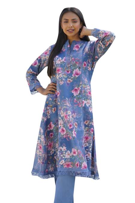 Buy Monk & Mei By Sonia Anand Blue Linen Lace, Embroidery Mandarin Collar Azalea Floral Print Kurta Pant Set Buy_Monk & Mei By Sonia Anand_Blue Linen Lace, Embroidery Mandarin Collar Azalea Floral Print Kurta Pant Set