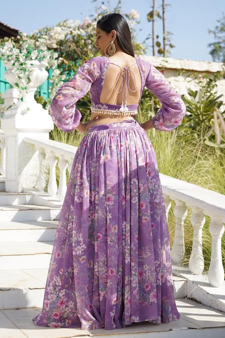 Shop_Monk & Mei By Sonia Anand_Purple Organza, Georgette, Lace Embroidery, Lace, Hazel Floral Print Lehenga Set _at_Aza_Fashions