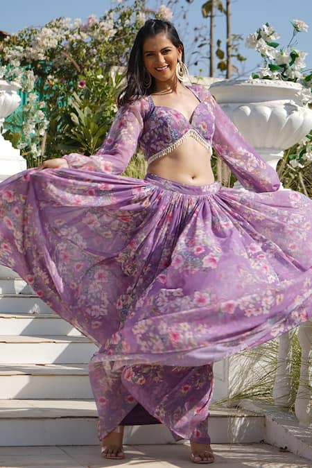 Monk & Mei By Sonia Anand_Purple Organza, Georgette, Lace Embroidery, Lace, Hazel Floral Print Lehenga Set _Online_at_Aza_Fashions
