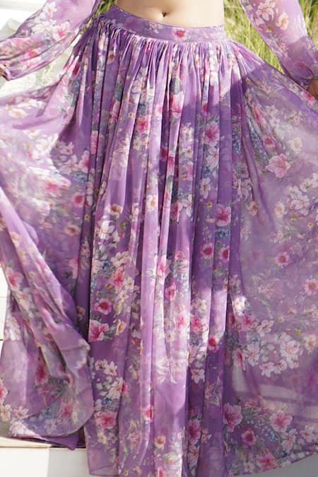 Shop Monk & Mei By Sonia Anand Purple Organza, Georgette, Lace Embroidery, Lace, Hazel Floral Print Lehenga Set Online at Aza Fashions Shop_Monk & Mei By Sonia Anand_Purple Organza, Georgette, Lace Embroidery, Lace, Hazel Floral Print Lehenga Set _Online_at_Aza_Fashions