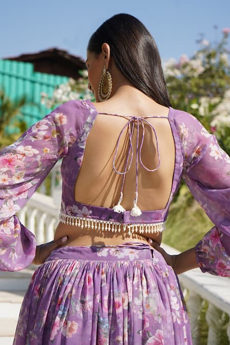 Monk & Mei By Sonia Anand_Purple Organza, Georgette, Lace Embroidery, Lace, Hazel Floral Print Lehenga Set _at_Aza_Fashions