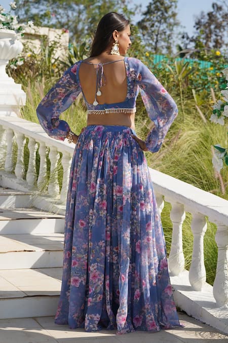 Shop_Monk & Mei By Sonia Anand_Blue Organza, Georgette Embroidery Hazel Floral Print Pleated Lehenga Set _at_Aza_Fashions