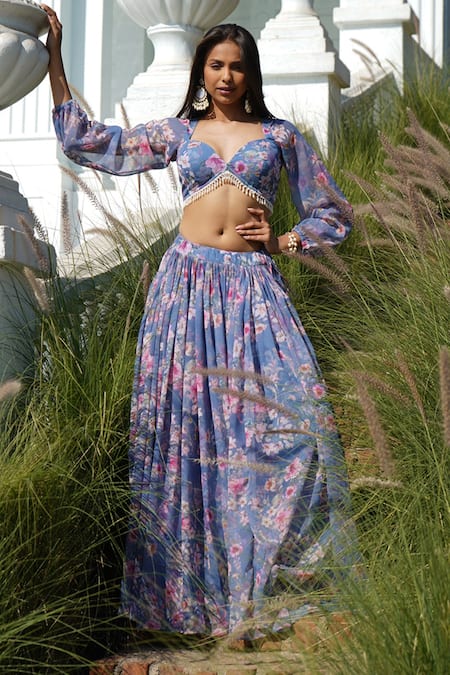 Monk & Mei By Sonia Anand_Blue Organza, Georgette Embroidery Hazel Floral Print Pleated Lehenga Set _Online_at_Aza_Fashions
