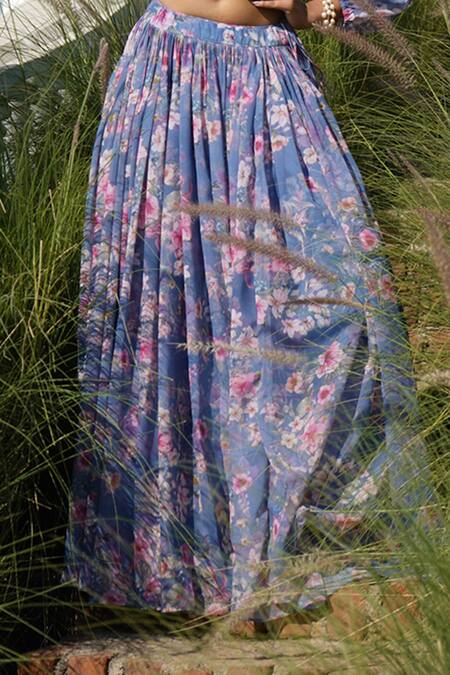 Buy Monk & Mei By Sonia Anand Blue Organza, Georgette Embroidery Hazel Floral Print Pleated Lehenga Set Online at Aza Fashions Buy_Monk & Mei By Sonia Anand_Blue Organza, Georgette Embroidery Hazel Floral Print Pleated Lehenga Set _Online_at_Aza_Fashions