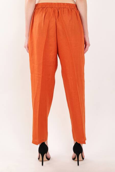 Shop_Linen Bloom_Orange 100% Linen Plain Pant _at_Aza_Fashions