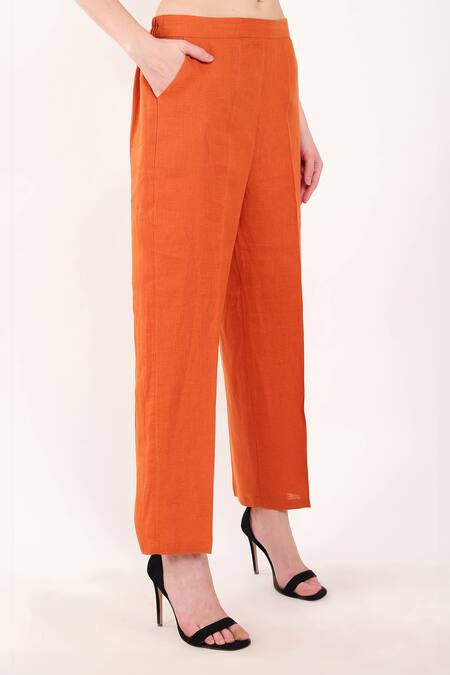 Linen Bloom_Orange 100% Linen Plain Pant _Online_at_Aza_Fashions