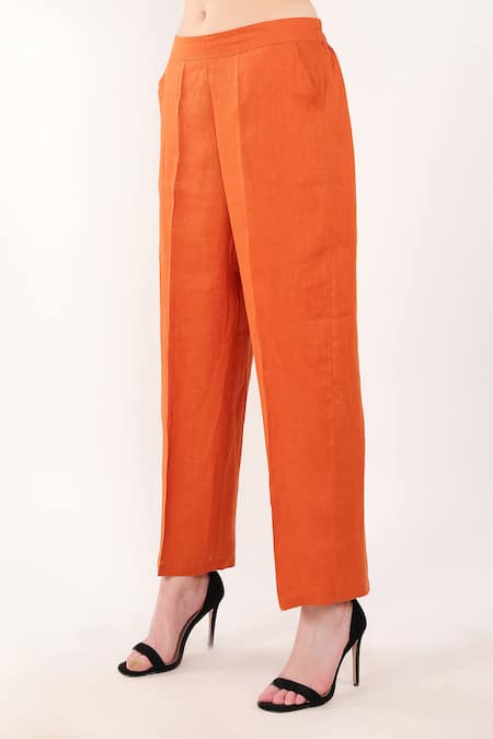 Shop_Linen Bloom_Orange 100% Linen Plain Pant _Online_at_Aza_Fashions