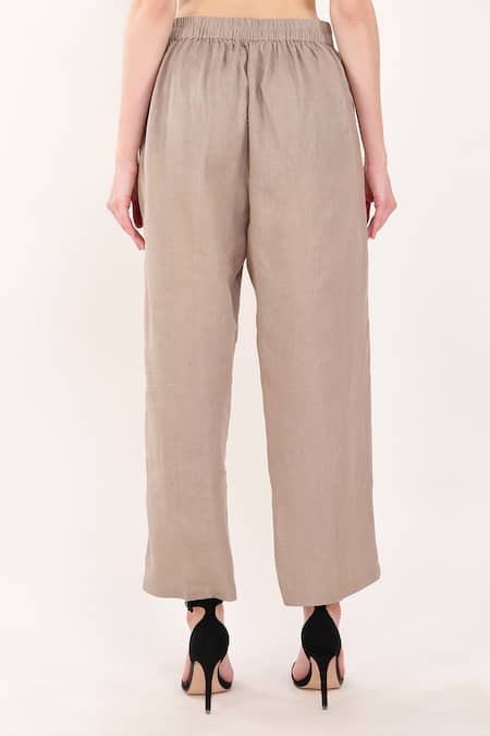 Shop_Linen Bloom_Brown 100% Linen Plain Pant _at_Aza_Fashions