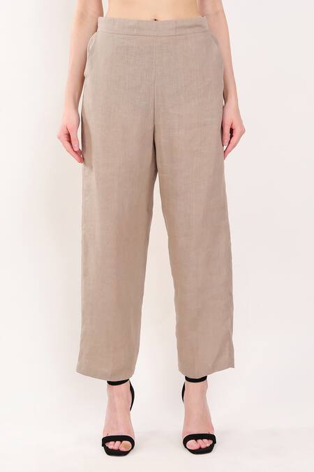 Linen Bloom_Brown 100% Linen Plain Pant _Online_at_Aza_Fashions