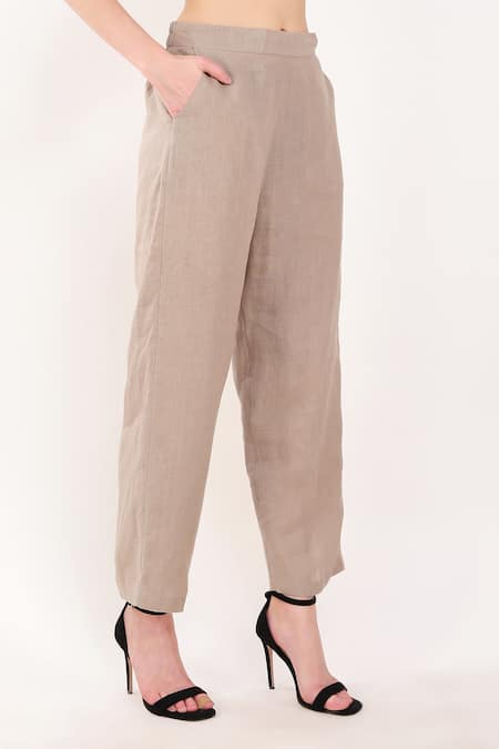 Buy_Linen Bloom_Brown 100% Linen Plain Pant _Online_at_Aza_Fashions