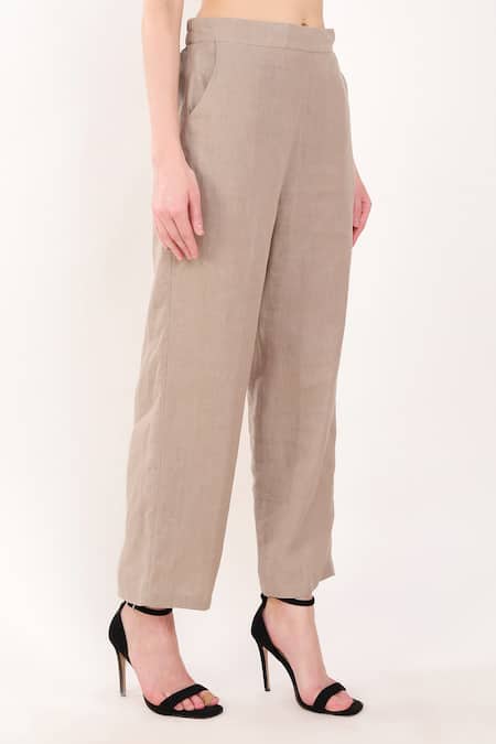 Shop_Linen Bloom_Brown 100% Linen Plain Pant _Online_at_Aza_Fashions