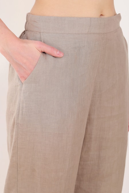 Linen Bloom_Brown 100% Linen Plain Pant _at_Aza_Fashions
