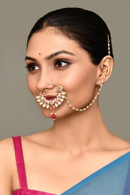 Buy_Nazaakat By Samara Singh_Gold Plated Pearls, Beads, Cut Work Kundan Tassel Nose Ring _Online_at_Aza_Fashions