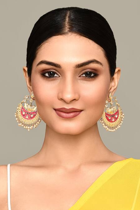 Nazaakat By Samara Singh_Gold Plated Pearls, Embroidery Floral Kundan Embellished Chandbalis_at_Aza_Fashions