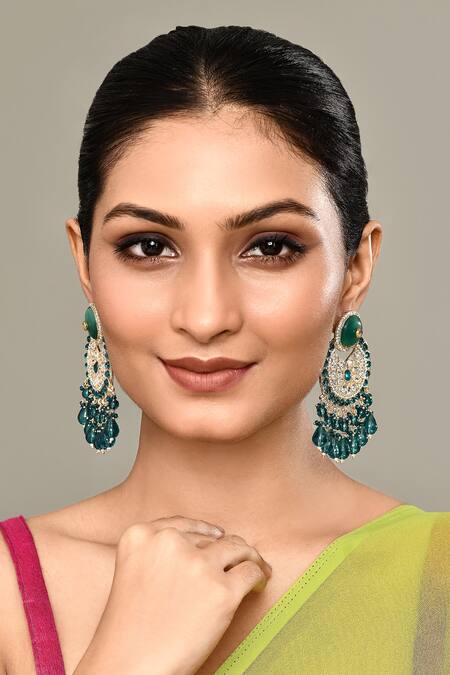 Shop_Nazaakat By Samara Singh_Gold Plated Crystals Kundan Embellished Chandbali Earrings _Online_at_Aza_Fashions