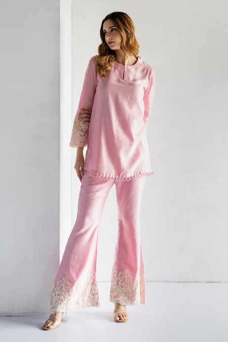 Bharat Adiani Pink Chanderi Embroidery Mandarin Collar Thread Kurta With Bell Bottom Pant Online at Aza Fashions Bharat Adiani_Pink Chanderi Embroidery Mandarin Collar Thread Kurta With Bell Bottom Pant _Online_at_Aza_Fashions