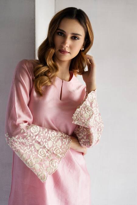 Buy Bharat Adiani Pink Chanderi Embroidery Mandarin Collar Thread Kurta With Bell Bottom Pant Online at Aza Fashions Buy_Bharat Adiani_Pink Chanderi Embroidery Mandarin Collar Thread Kurta With Bell Bottom Pant _Online_at_Aza_Fashions