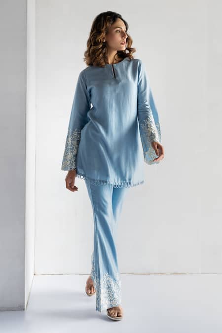 Bharat Adiani Blue Chanderi Embroidery Mandarin Collar Kurta Sleeve With Bell Bottom Pant Online at Aza Fashions Bharat Adiani_Blue Chanderi Embroidery Mandarin Collar Kurta Sleeve With Bell Bottom Pant _Online_at_Aza_Fashions