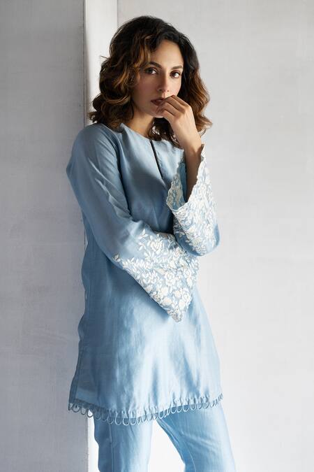 Buy Bharat Adiani Blue Chanderi Embroidery Mandarin Collar Kurta Sleeve With Bell Bottom Pant Online at Aza Fashions Buy_Bharat Adiani_Blue Chanderi Embroidery Mandarin Collar Kurta Sleeve With Bell Bottom Pant _Online_at_Aza_Fashions