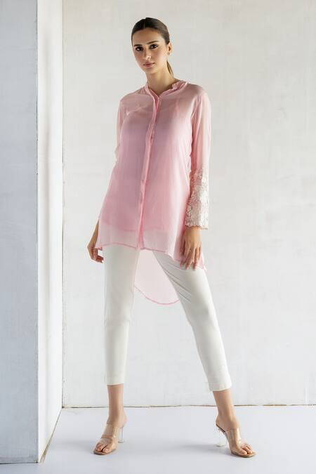 Bharat Adiani Pink Organza Embroidery Collared Thread Asymmetric Shirt Online at Aza Fashions Bharat Adiani_Pink Organza Embroidery Collared Thread Asymmetric Shirt _Online_at_Aza_Fashions