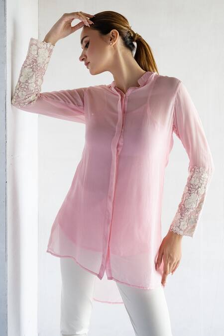 Buy Bharat Adiani Pink Organza Embroidery Collared Thread Asymmetric Shirt Online at Aza Fashions Buy_Bharat Adiani_Pink Organza Embroidery Collared Thread Asymmetric Shirt _Online_at_Aza_Fashions