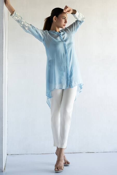 Bharat Adiani_Blue Organza Embroidery Collared Floral Asymmetric Shirt _Online_at_Aza_Fashions