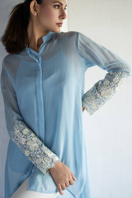 Buy_Bharat Adiani_Blue Organza Embroidery Collared Floral Asymmetric Shirt _Online_at_Aza_Fashions