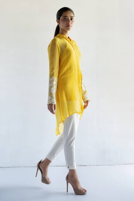 Bharat Adiani Yellow Organza Embroidery Collared Floral Thread Shirt Online at Aza Fashions Bharat Adiani_Yellow Organza Embroidery Collared Floral Thread Shirt _Online_at_Aza_Fashions