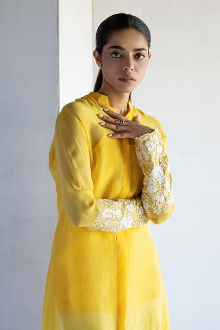 Buy Bharat Adiani Yellow Organza Embroidery Collared Floral Thread Shirt Online at Aza Fashions Buy_Bharat Adiani_Yellow Organza Embroidery Collared Floral Thread Shirt _Online_at_Aza_Fashions