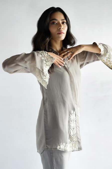 Bharat Adiani Grey Organza Embroidery Collared Thread Shirt With Pant Online at Aza Fashions Bharat Adiani_Grey Organza Embroidery Collared Thread Shirt With Pant _Online_at_Aza_Fashions