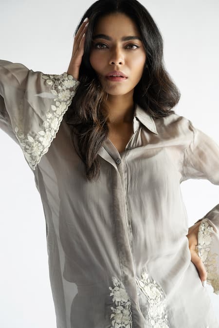 Buy Bharat Adiani Grey Organza Embroidery Collared Thread Shirt With Pant Online at Aza Fashions Buy_Bharat Adiani_Grey Organza Embroidery Collared Thread Shirt With Pant _Online_at_Aza_Fashions