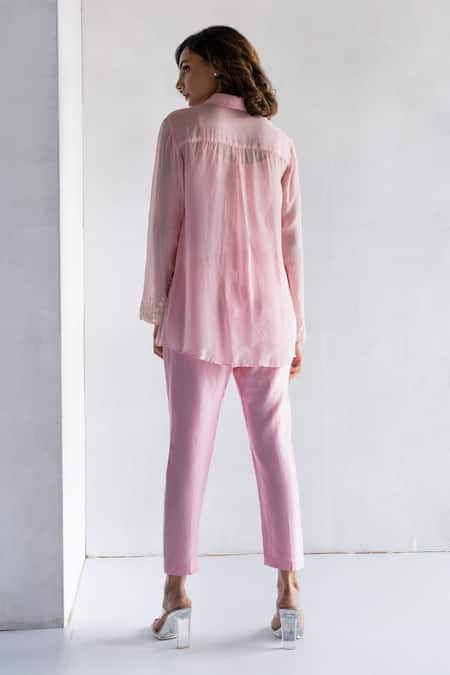 Bharat Adiani Floral Embroidered Pink Shirt & Pant Set 
