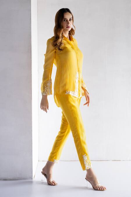 Bharat Adiani Yellow Organza Embroidery Collared Thread Shirt And Pant Set Online at Aza Fashions Bharat Adiani_Yellow Organza Embroidery Collared Thread Shirt And Pant Set _Online_at_Aza_Fashions