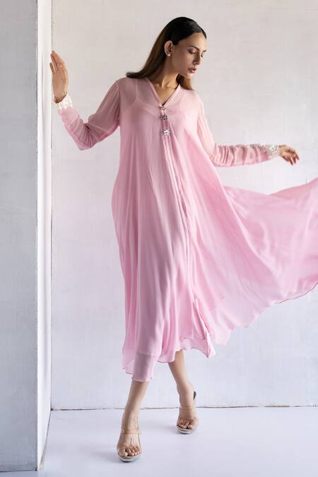Bharat Adiani Pink Georgette Embroidery V-neck Floral Thread Tunic Online at Aza Fashions Bharat Adiani_Pink Georgette Embroidery V-neck Floral Thread Tunic _Online_at_Aza_Fashions