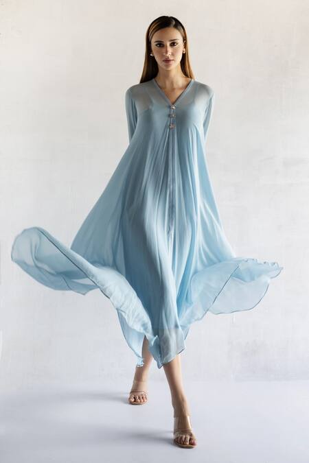 Bharat Adiani_Blue Georgette Embroidery V-neck Thread Tunic _Online_at_Aza_Fashions