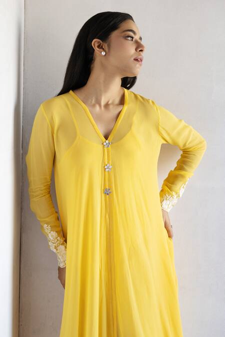 Buy Bharat Adiani Yellow Georgette Embroidery V-neck Thread Asymmetric Tunic Online at Aza Fashions Buy_Bharat Adiani_Yellow Georgette Embroidery V-neck Thread Asymmetric Tunic _Online_at_Aza_Fashions