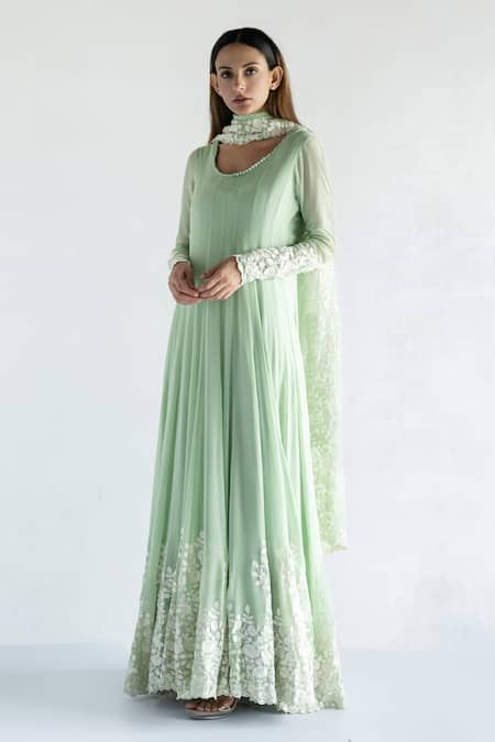 Bharat Adiani Green Georgette Embroidered Floral Round Thread Anarkali With Dupatta 