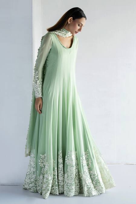 Bharat Adiani Green Georgette Embroidery Round Neck Thread Anarkali With Dupatta Online at Aza Fashions Bharat Adiani_Green Georgette Embroidery Round Neck Thread Anarkali With Dupatta _Online_at_Aza_Fashions