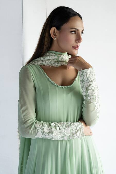 Shop Bharat Adiani Green Georgette Embroidery Round Neck Thread Anarkali With Dupatta Online at Aza Fashions Shop_Bharat Adiani_Green Georgette Embroidery Round Neck Thread Anarkali With Dupatta _Online_at_Aza_Fashions