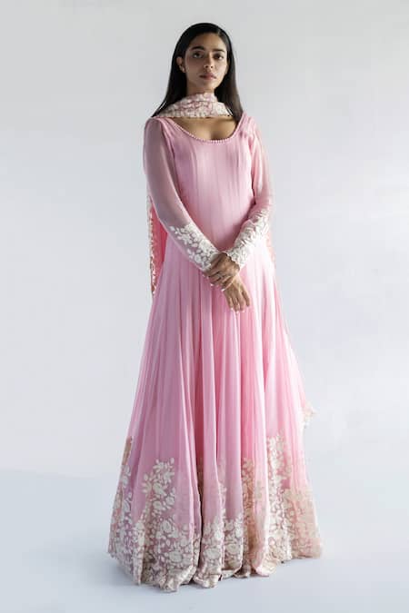 Bharat Adiani Pink Georgette Embroidery Round Neck Floral Anarkali With Dupatta Online at Aza Fashions Bharat Adiani_Pink Georgette Embroidery Round Neck Floral Anarkali With Dupatta _Online_at_Aza_Fashions