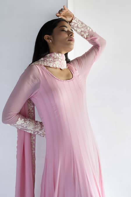 Buy Bharat Adiani Pink Georgette Embroidery Round Neck Floral Anarkali With Dupatta Online at Aza Fashions Buy_Bharat Adiani_Pink Georgette Embroidery Round Neck Floral Anarkali With Dupatta _Online_at_Aza_Fashions