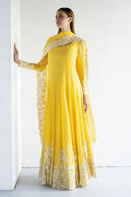 Bharat Adiani Yellow Georgette Embroidered Floral Round Anarkali With Dupatta 