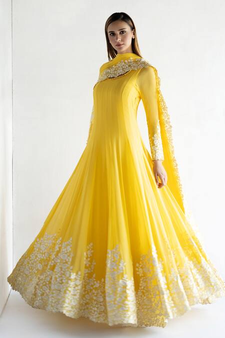 Bharat Adiani_Yellow Georgette Embroidery Round Neck Anarkali With Dupatta _Online_at_Aza_Fashions