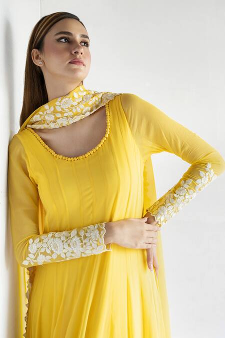 Shop_Bharat Adiani_Yellow Georgette Embroidery Round Neck Anarkali With Dupatta _Online_at_Aza_Fashions