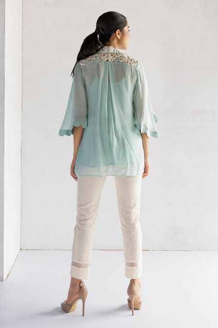 Bharat Adiani Floral Embroidered Shirt & Crochet Pant Set 