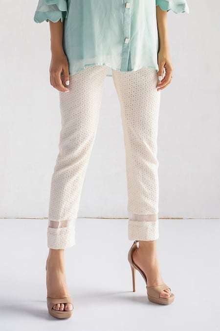 Bharat Adiani_Green Organza Embroidery Collared Floral Shirt And Crochet Pant Set _Online_at_Aza_Fashions