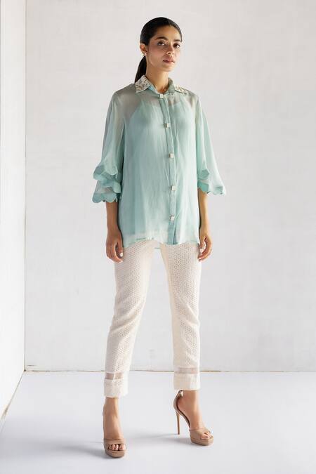 Buy_Bharat Adiani_Green Organza Embroidery Collared Floral Shirt And Crochet Pant Set _Online_at_Aza_Fashions