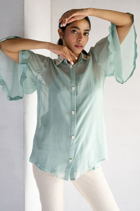 Shop_Bharat Adiani_Green Organza Embroidery Collared Floral Shirt And Crochet Pant Set _Online_at_Aza_Fashions